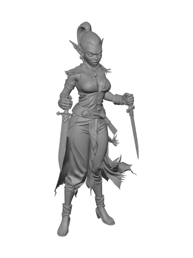 3D model for female goblin warrior with two hands, with one dagger in each hand red silk pants and shredded white shirt. pierced ears and long pony tail of hair.