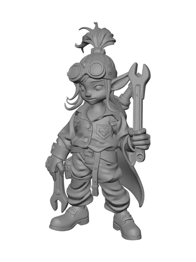 3D model for Female gnome artificer with steam punk goggles pushed up on forehead. High pony tail of hair, two wisps of hair framing face. loose fitting button down shirt, top 3 buttons open. multi wrench in left hand. leather pants soft low shoes. bandoleer with various tools