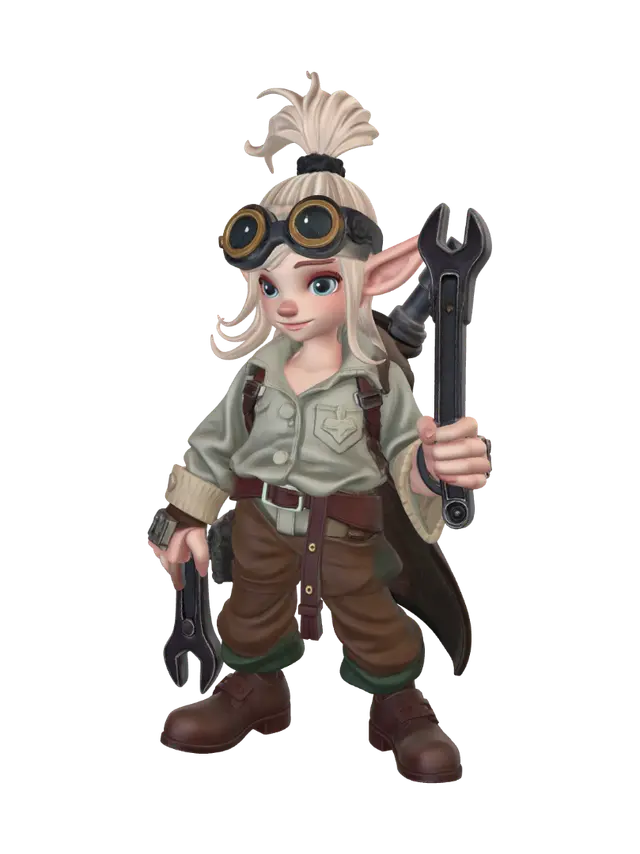 3D model for Female gnome artificer with steam punk goggles pushed up on forehead. High pony tail of hair, two wisps of hair framing face. loose fitting button down shirt, top 3 buttons open. multi wrench in left hand. leather pants soft low shoes. bandoleer with various tools