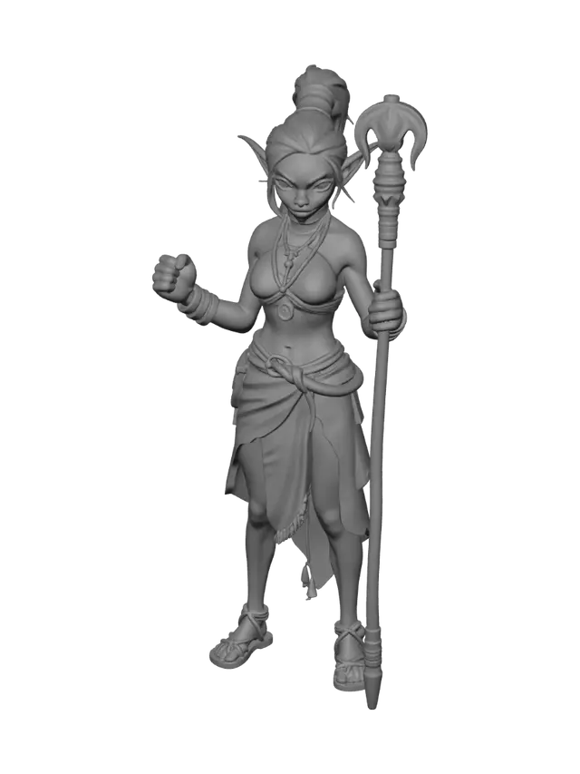 3D model for Female goblin monk with hair loosely tied back with leather cord, carrying a simple quarterstaff wearing rope flat sandals. bangles on each wrist and gold necklace holding gemstone nestled between breasts covered by halter top. Two legs  with toned thighs set in sturdy stance and belt pouch on left with  chain belt.