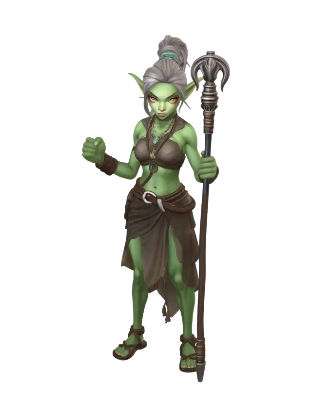3D model for Female goblin monk with hair loosely tied back with leather cord, carrying a simple quarterstaff wearing rope flat sandals. bangles on each wrist and gold necklace holding gemstone nestled between breasts covered by halter top. Two legs  with toned thighs set in sturdy stance and belt pouch on left with  chain belt.