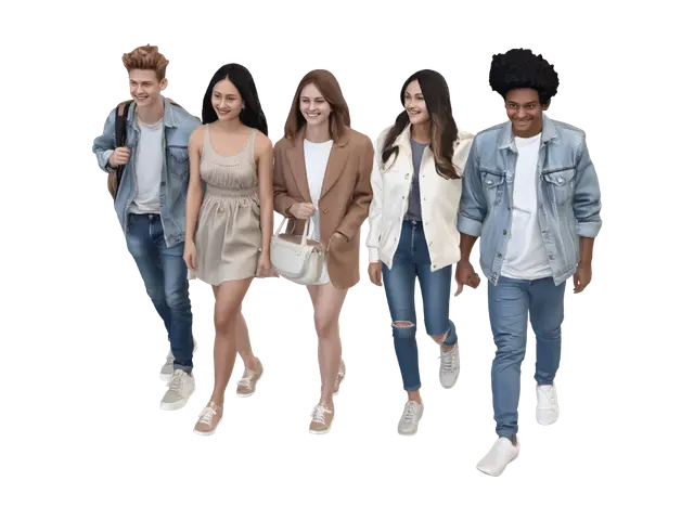 Five Friends Walking Together 3D model, vytvořený pomocí AI