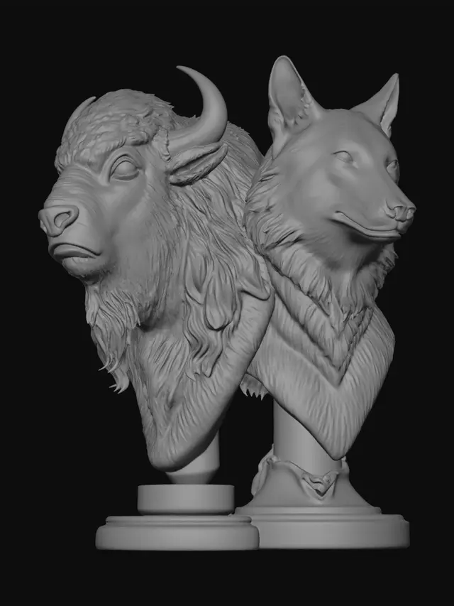 3D model for Create an image of 2 bust side by side of an American bison and an American Wolf from Yellowstone national park. The bison should be facing 45 degress to the right, and the wolf 45 degrees to the left. it should be one piece merged together at the midsection of their neck. make the image 65mm tall and proportionate.