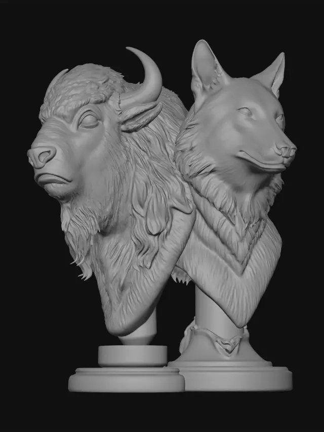 3D model for Create an image of 2 bust side by side of an American bison and an American Wolf from Yellowstone national park. The bison should be facing 45 degress to the right, and the wolf 45 degrees to the left. it should be one piece merged together at the midsection of their neck. make the image 65mm tall and proportionate.