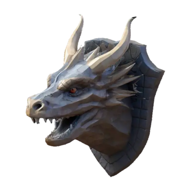 Wall mounted dragon head. Low poly 3D model, vytvořený pomocí AI