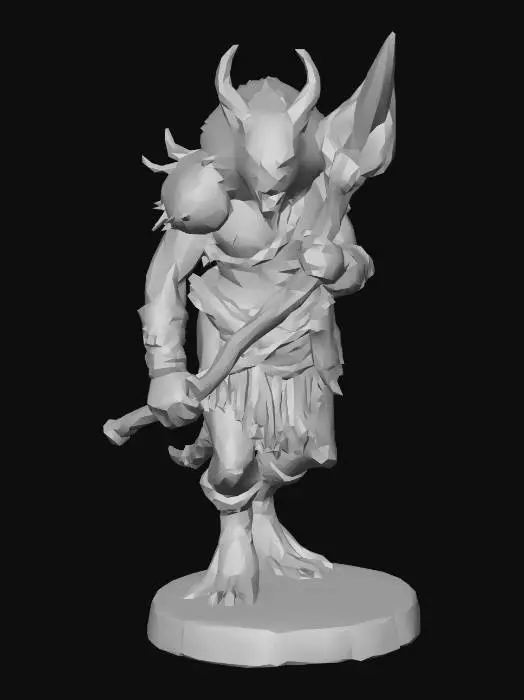 3D model for Gnoll warrior figurine highly detailed holding a long pike made of a twisted branch for a pole and the pike head is big and carved out of rock obsidian