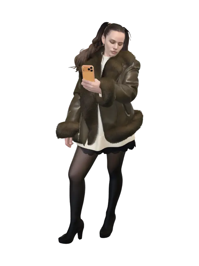 Fur Trimmed Leather Coat Selfie 3D model, vytvořený pomocí AI