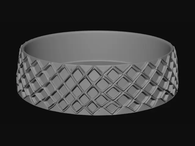 3D model for Minimalist premium pet bowl base, separate lower component only, cylindrical ring shape, wide diameter, low profile, luxury geometric diamond lattice pattern around the entire exterior surface, clean sharp edges, matte beige plastic material, hollow interior, perfectly symmetrical, industrial product design, injection molded appearance, no bowl, no food, no decorations, no text, no logo, isolated object, studio lighting, product prototype