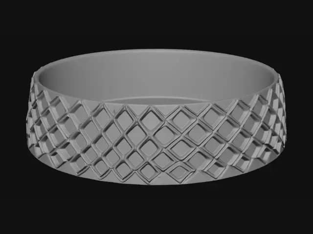 3D model for Minimalist premium pet bowl base, separate lower component only, cylindrical ring shape, wide diameter, low profile, luxury geometric diamond lattice pattern around the entire exterior surface, clean sharp edges, matte beige plastic material, hollow interior, perfectly symmetrical, industrial product design, injection molded appearance, no bowl, no food, no decorations, no text, no logo, isolated object, studio lighting, product prototype