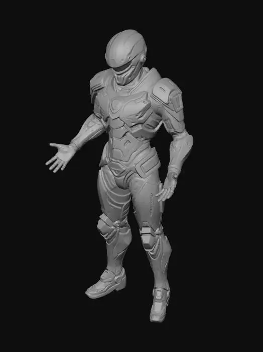 3D model for A full-body portrait of an epic futuristic ancient warrior, a fusion of a Spartan hoplite and cybernetic mecha technology. He wears ornate, battle-damaged bronze and gold cyber-armor with glowing neon cyan energy lines running through the metal plates. His helmet is a high-tech Corinthian style, with a glowing visor instead of an eye slit and a holographic crimson plume flowing like fire. In one hand, he holds a massive plasma spear crackling with electricity; in the other, a heavy, circular energy shield emitting a hard-light protective barrier. Standing in a powerful stance on a ruined, futuristic battlefield under a dramatic, stormy sci-fi sky with dual moons. Ultra-detailed, cinematic lighting, dramatic shadows, 8k resolution, photorealistic, masterpiece. #ImagineMeshy