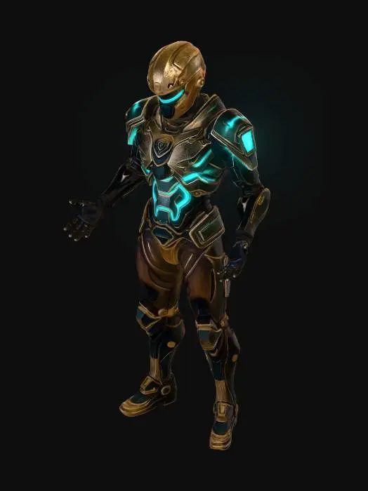 3D model for A full-body portrait of an epic futuristic ancient warrior, a fusion of a Spartan hoplite and cybernetic mecha technology. He wears ornate, battle-damaged bronze and gold cyber-armor with glowing neon cyan energy lines running through the metal plates. His helmet is a high-tech Corinthian style, with a glowing visor instead of an eye slit and a holographic crimson plume flowing like fire. In one hand, he holds a massive plasma spear crackling with electricity; in the other, a heavy, circular energy shield emitting a hard-light protective barrier. Standing in a powerful stance on a ruined, futuristic battlefield under a dramatic, stormy sci-fi sky with dual moons. Ultra-detailed, cinematic lighting, dramatic shadows, 8k resolution, photorealistic, masterpiece. #ImagineMeshy