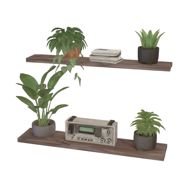 Modello 3D Verdant Shelf with Vintage Radio, generato dall’IA