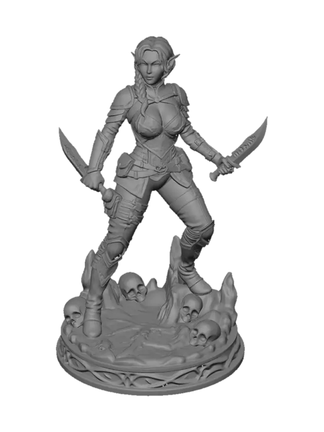 3D model for make her hair connected to her, in her side instead of floating in the air. make her face more juvenile, like the bust I provide as a reference too. create some embroidments to her chest armor, but keep the same amount of breast exposed. update the face, hair, ears of the figurine and the breastplate to resemble more the bust figure. you can keep the figurine in the same pose without changing much else