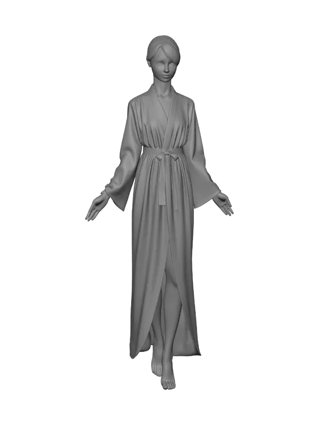 3D model for A delicate beauty, featuring exceptionally long legs, cute facial features, and tiny, graceful hands and feet, evoking a dreamlike fantasy. Adorned in soft pastel robes of blush pink and sky blue, her texture is smooth and refined, accented with subtle golden filigree.