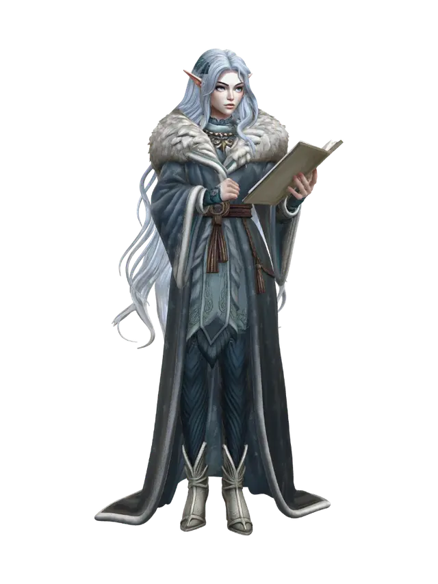 3D model for winter elf scholar reading an ancient scroll, wearing heavy fur-lined robes with delicate frost patterns woven into the fabric. Requirement: Detailed character model.