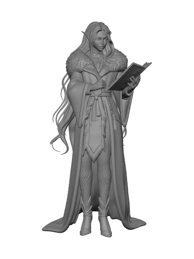 3D model for winter elf scholar reading an ancient scroll, wearing heavy fur-lined robes with delicate frost patterns woven into the fabric. Requirement: Detailed character model.