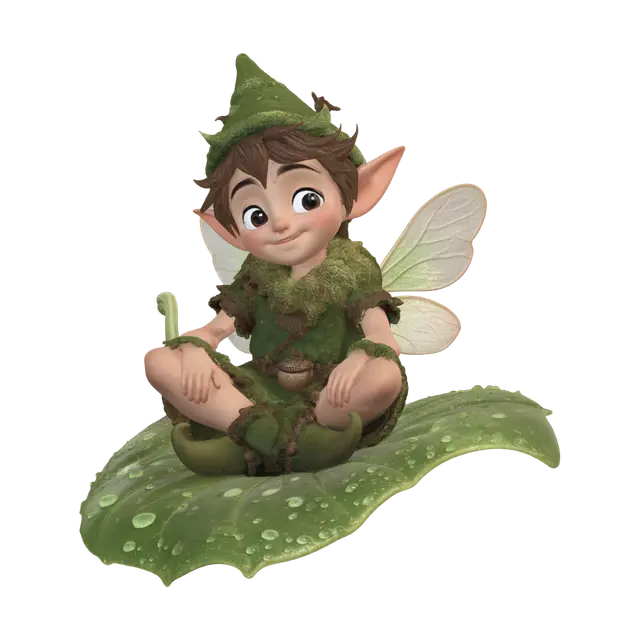3D model for cute cartoon fairy boy sitting on a dew-covered leaf, wearing a soft green moss tunic and pointed slippers. Requirement: Animated film style.