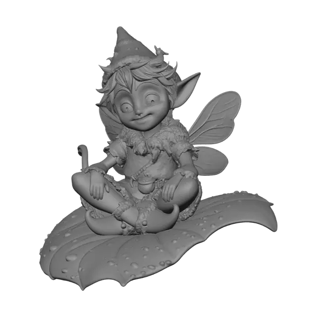 3D model for cute cartoon fairy boy sitting on a dew-covered leaf, wearing a soft green moss tunic and pointed slippers. Requirement: Animated film style.