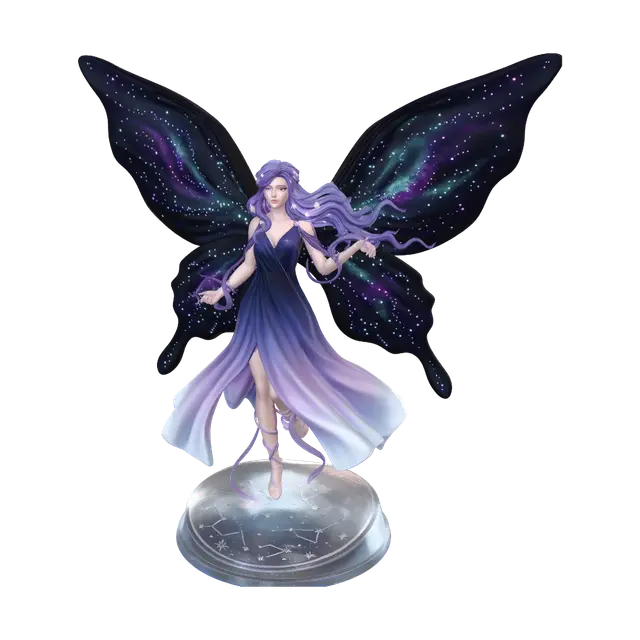 3D model for cosmic nebula fairy goddess standing in a serene, floaty pose on a translucent star-patterned base. Her long, elegant legs are wrapped in minimalist stardust silk ribbons. Her massive, expansive wings are made of dark, light-absorbing velvet embedded with tiny, luminescent purple and cyan fiber optics that mimic distant galaxies. Her gown is a flowing gradient of deep midnight blue and soft lavender. Requirement: Cosmic fantasy character model, emphasize the extreme contrast between the light-absorbing velvet wings and the glowing star-dots.