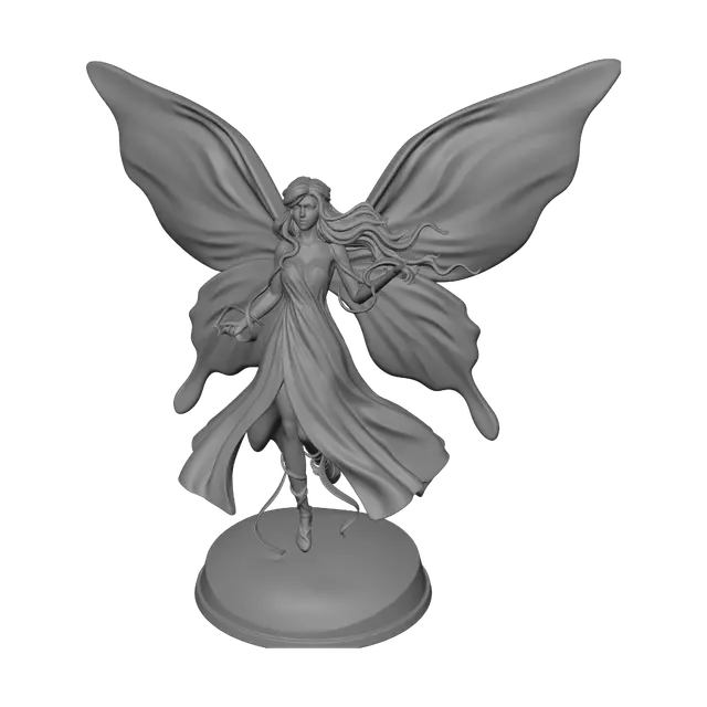 3D model for cosmic nebula fairy goddess standing in a serene, floaty pose on a translucent star-patterned base. Her long, elegant legs are wrapped in minimalist stardust silk ribbons. Her massive, expansive wings are made of dark, light-absorbing velvet embedded with tiny, luminescent purple and cyan fiber optics that mimic distant galaxies. Her gown is a flowing gradient of deep midnight blue and soft lavender. Requirement: Cosmic fantasy character model, emphasize the extreme contrast between the light-absorbing velvet wings and the glowing star-dots.