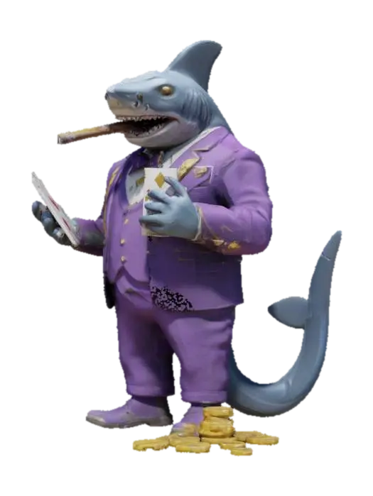 A highly detailed 3D model of a humanoid shark dressed as a high-rolling gambler.… 3D model, vytvořený pomocí AI
