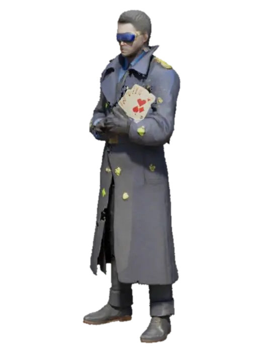 A highly detailed 3D model of a mysterious, blindfolded poker player with an aura… - Gambler 3D model, vytvořený pomocí AI