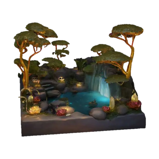 Design an awe-inspiring 3D garden: a hidden sanctuary beneath a radiant… - Dreamlike 3D model, vytvořený pomocí AI
