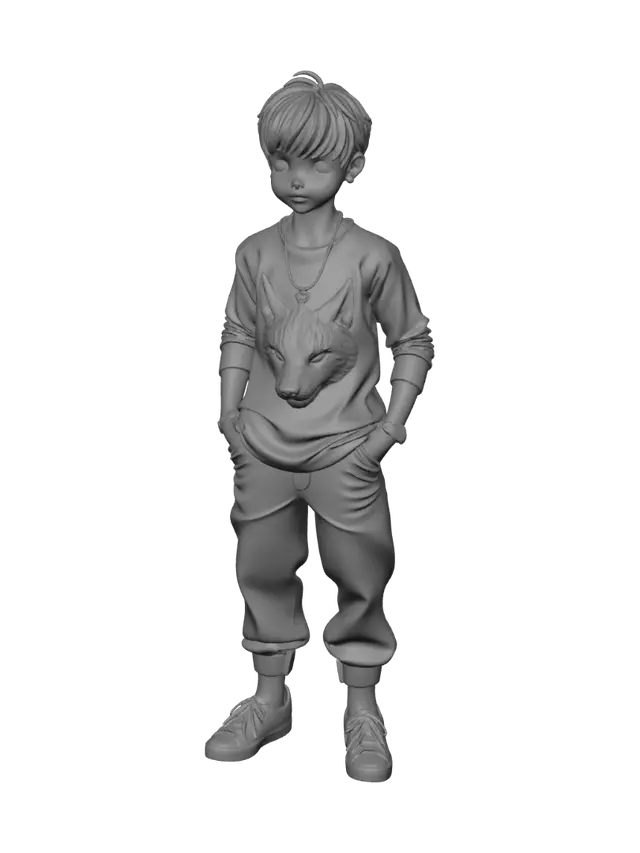 3D model for Low poly 3D character, young male, 20 years old, black hair with bangs, 
brown eyes, gray long sleeve t-shirt with lynx graphic print, dark baggy 
jeans, white sneakers, silver chain necklace, fabric bracelet with number 
14, medium height, stylized low poly art style, neutral T-pose, 
full body, clean background