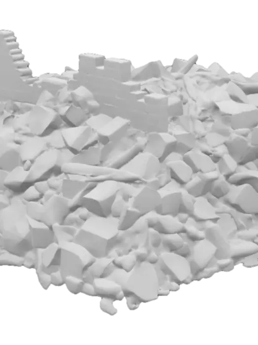3D model for A realistic pile of destroyed medieval castle rubble comprises a chaotic accumulation of dense, rough-hewn granite and limestone blocks, exhibiting varied sizes from fist-sized chunks to massive, fractured slabs. The surfaces are gritty and abrasive, some displaying remnants of mortar and deep cracks, while others are scoured smooth by weather. Interspersed are splintered, aged oak timbers, their ends charred and splintered, alongside rusted, pitted iron fittings—hinges, nails, and reinforcement bars—twisted into grotesque shapes. Fine, pale dust covers everything, settling in the depressions, giving the heap a desiccated, ancient appearance under muted light.
