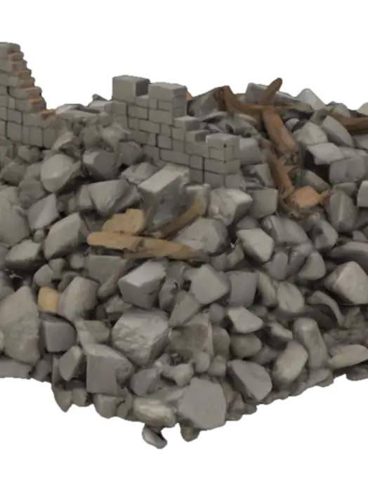 3D model for A realistic pile of destroyed medieval castle rubble comprises a chaotic accumulation of dense, rough-hewn granite and limestone blocks, exhibiting varied sizes from fist-sized chunks to massive, fractured slabs. The surfaces are gritty and abrasive, some displaying remnants of mortar and deep cracks, while others are scoured smooth by weather. Interspersed are splintered, aged oak timbers, their ends charred and splintered, alongside rusted, pitted iron fittings—hinges, nails, and reinforcement bars—twisted into grotesque shapes. Fine, pale dust covers everything, settling in the depressions, giving the heap a desiccated, ancient appearance under muted light.