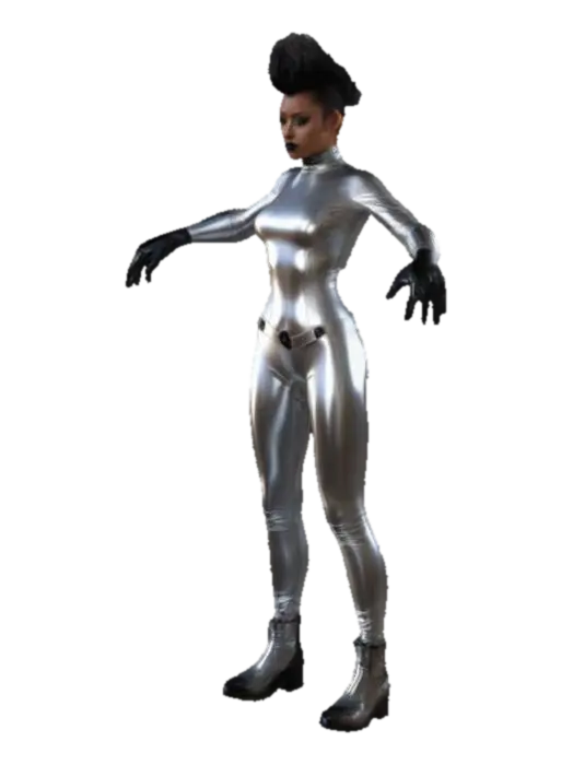 Modello 3D realistic sci-fi silver latex girl, silver suit, black mohawk, brown eyes, black skin., generato dall’IA