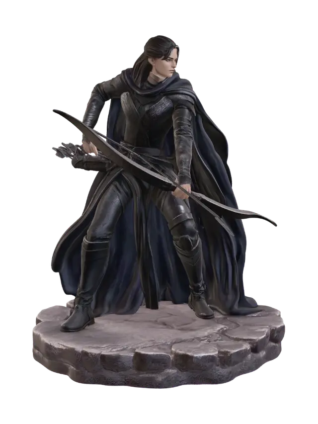 3D model for A heroic fantasy adventurer, a female half-elf ranger in leather armor with a bow, dynamic grounded action pose with one foot forward, flowing cloak swept behind, painted concept art style, dramatic lighting, atmospheric background, detailed and printable