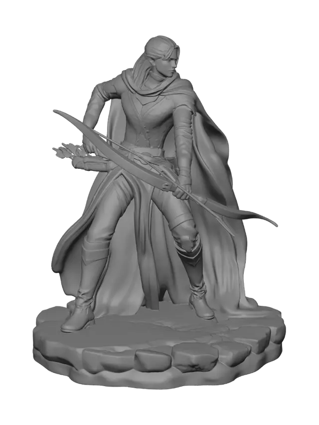 3D model for A heroic fantasy adventurer, a female half-elf ranger in leather armor with a bow, dynamic grounded action pose with one foot forward, flowing cloak swept behind, painted concept art style, dramatic lighting, atmospheric background, detailed and printable
