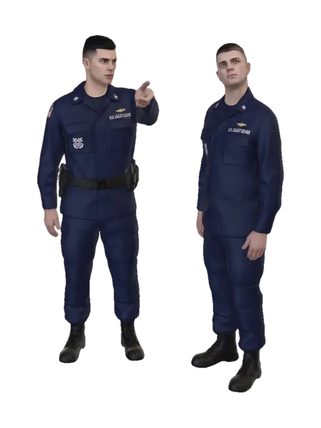 Two realistic male US Coast Guard Cadets in modern uniforms are standing talking. One… model 3D, wygenerowany przez AI