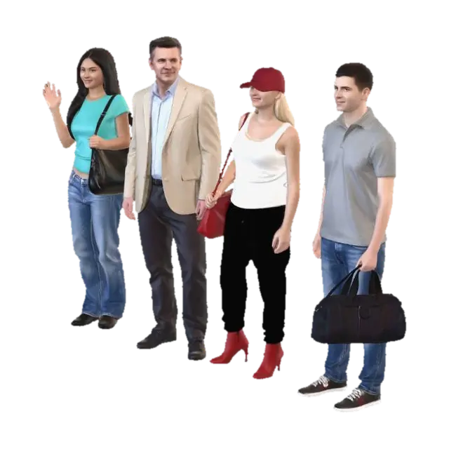 Four European travellers standing 3D model, vytvořený pomocí AI