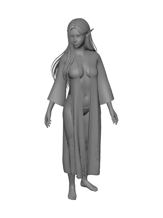 3D model for A stylized, sexy young elf goddess with graceful, slender proportions and long, flowing silver hair. Her radiant, smooth skin possesses a luminous quality, complementing her captivating expression and delicate pointed ears. She wears ethereal, sheer golden robes adorned with intricate magical patterns, subtly enhancing her alluring silhouette and embodying divine elegance.