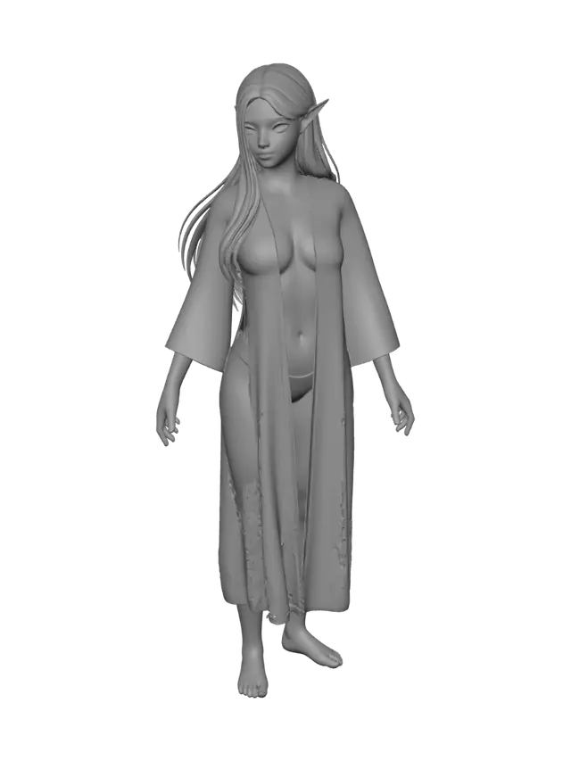 3D model for A stylized, sexy young elf goddess with graceful, slender proportions and long, flowing silver hair. Her radiant, smooth skin possesses a luminous quality, complementing her captivating expression and delicate pointed ears. She wears ethereal, sheer golden robes adorned with intricate magical patterns, subtly enhancing her alluring silhouette and embodying divine elegance.