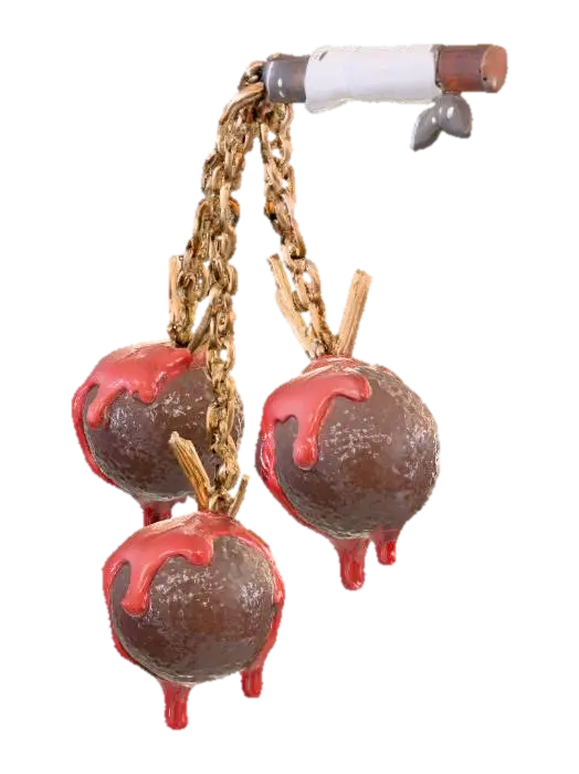 A humorous meatball flail featuring three large, glossy meatballs connected by long… 3D model, vytvořený pomocí AI