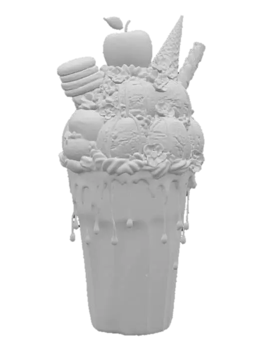 3D model for A fantastical, ultra-realistic thickshake in an enchanted, iridescent frosted glass, overflowing with shimmering pastel-colored shakes. Topped with whipped cream swirling like clouds, ten scoops of otherworldly ice cream in flavors like enchanted berry, stardust vanilla, and moonlit chocolate. Drizzled with sparkling rainbow syrup, glowing caramel, and minty golden nectar. Piled with magical toppings: crystallized fairy fruit, edible glittering flowers, rainbow macarons, whimsical chocolate butterflies, and cotton candy wisps. A crystal-encrusted waffle cone, rainbow meringue spikes, and a floating caramel apple. Soft glowing light, soft condensation on the glass, and a soft ethereal mist — a dream-like, edible fantasy that’s as delicious as it is magical! #food#