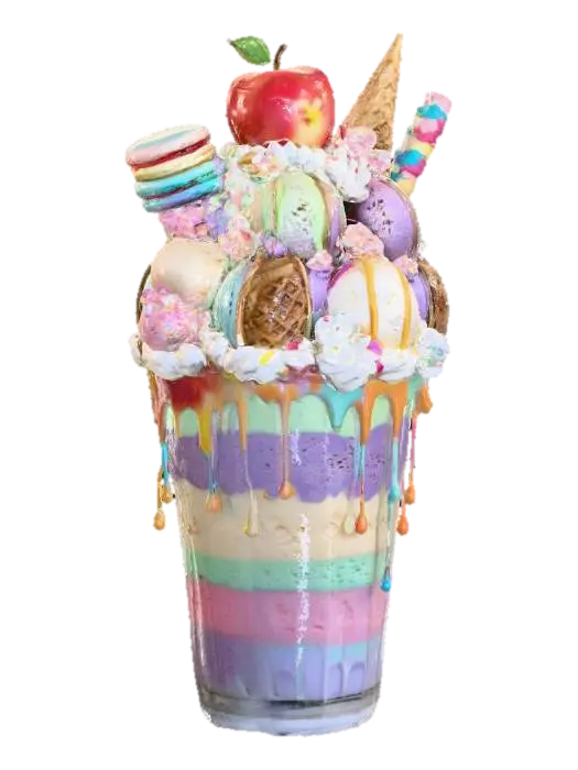 3D model for A fantastical, ultra-realistic thickshake in an enchanted, iridescent frosted glass, overflowing with shimmering pastel-colored shakes. Topped with whipped cream swirling like clouds, ten scoops of otherworldly ice cream in flavors like enchanted berry, stardust vanilla, and moonlit chocolate. Drizzled with sparkling rainbow syrup, glowing caramel, and minty golden nectar. Piled with magical toppings: crystallized fairy fruit, edible glittering flowers, rainbow macarons, whimsical chocolate butterflies, and cotton candy wisps. A crystal-encrusted waffle cone, rainbow meringue spikes, and a floating caramel apple. Soft glowing light, soft condensation on the glass, and a soft ethereal mist — a dream-like, edible fantasy that’s as delicious as it is magical! #food#
