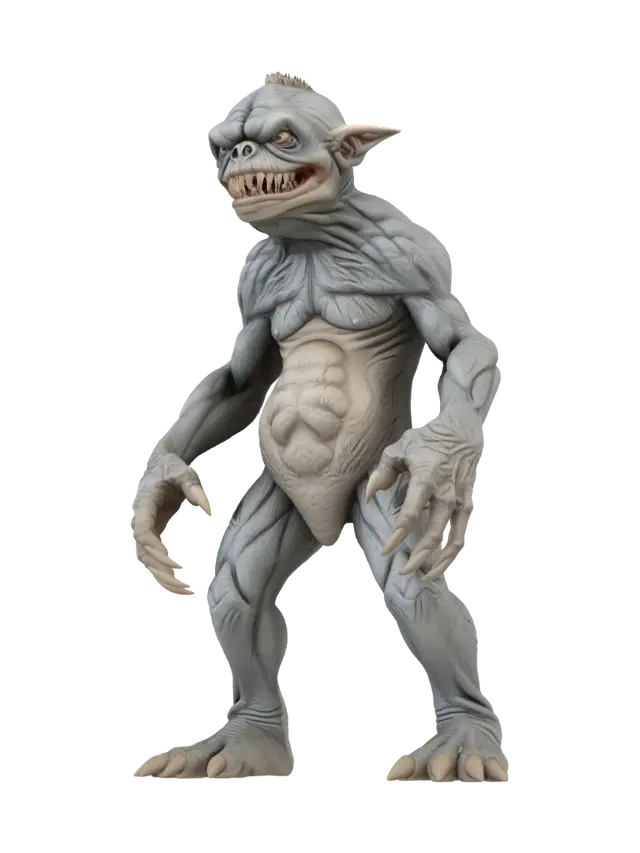 3D model for Unique chunky frightening but a bit humane-hearted monster that touches the ground on a big surface. its limbs have to be symmetric by pairs. it should be printable on an FDM 3D-printer without supports, which is the main idea of it all.