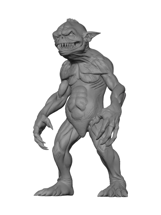 3D model for Unique chunky frightening but a bit humane-hearted monster that touches the ground on a big surface. its limbs have to be symmetric by pairs. it should be printable on an FDM 3D-printer without supports, which is the main idea of it all.
