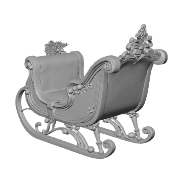 3D model for A highly detailed, realistic 3D model of Santa Claus’s sleigh. Crafted from polished, rich red wood with gold trim, ornate carved patterns, and metal runners with a slightly weathered steel finish. The sleigh should have plush, deep-red velvet seating, soft highlights, and realistic stitching. Include subtle seasonal elements such as small bells, leather straps, and decorative holly. Proportions should be functional and believable, designed to carry gifts. Soft winter lighting, accurate materials, and a physically plausible structure. No Santa or reindeer — sleigh only.