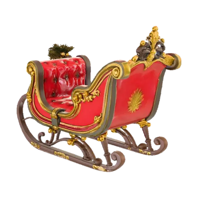 3D model for A highly detailed, realistic 3D model of Santa Claus’s sleigh. Crafted from polished, rich red wood with gold trim, ornate carved patterns, and metal runners with a slightly weathered steel finish. The sleigh should have plush, deep-red velvet seating, soft highlights, and realistic stitching. Include subtle seasonal elements such as small bells, leather straps, and decorative holly. Proportions should be functional and believable, designed to carry gifts. Soft winter lighting, accurate materials, and a physically plausible structure. No Santa or reindeer — sleigh only.