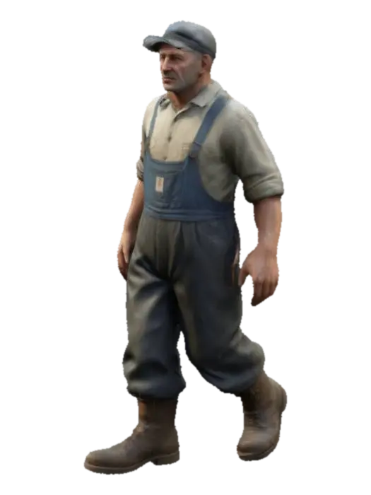 dockyard worker, walking, german, 1950, Realistic, Ultra realistic, Highly Detailed,… 3D model, vytvořený pomocí AI