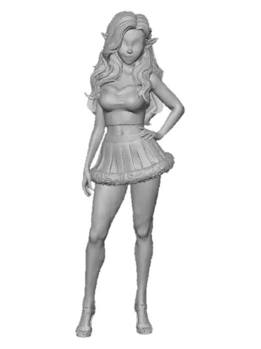 3D model for A stunning Christmas elf in a realistic-anime hybrid art style. She has long, wavy blonde hair, pointed elf ears, expressive large anime-style eyes, and soft but realistic skin texture. She is wearing a sexy festive outfit: a red fur-trimmed crop top that shows her midriff and a very short green Christmas skirt with fluffy white trim, fitted and playful. Her pose is confident and slightly flirty. The lighting is soft and warm, giving a realistic depth while maintaining anime-style beauty and proportions. Background shows a subtle, softly blurred Christmas scene with warm glowing lights. High-detail rendering, semi-realistic anime style, vibrant colors, smooth shading, high resolution.