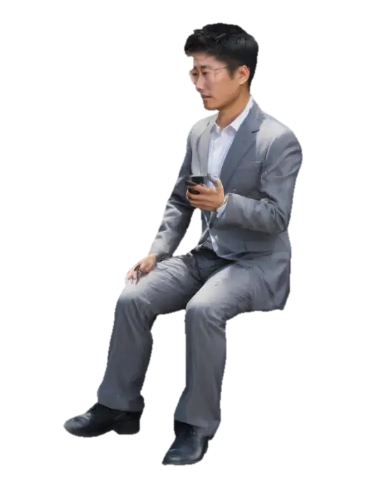 An Asian man in business attire, holding a cell phone, sitting on the edge of the roof 3D model, vytvořený pomocí AI