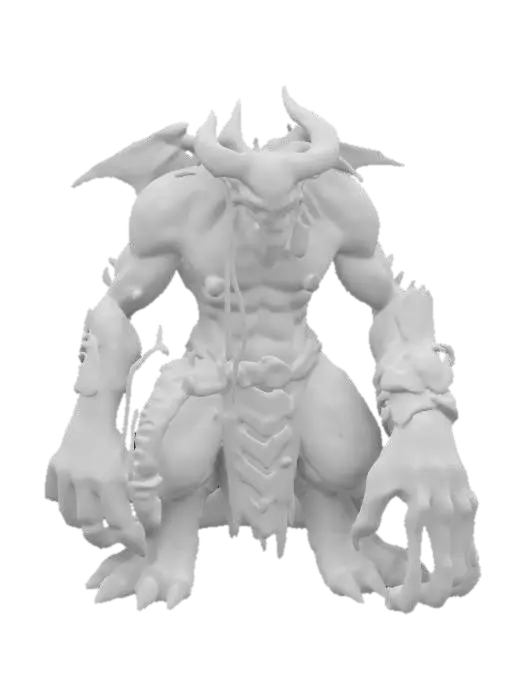 3D model for Imagine a 3D model of a 10th-century dark fantasy demon, towering, grotesque and fearsome, with gas-punk biomechanical enhancements. Its rugged red-gray skin cracked and veiny, lava coursing through its veins, harbors a complex gas engine, with brass exhaust pipes, pistons and whirring gears seamlessly integrated into its sinewy form, with a gas-punk mechanical arm. Inspired by Vallejo, Frazetta, and Brom, this demon is a terrifying embodiment of power.