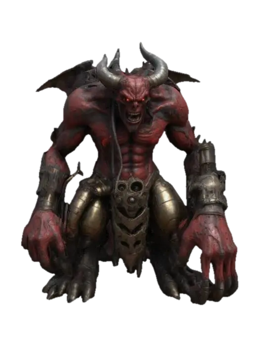 3D model for Imagine a 3D model of a 10th-century dark fantasy demon, towering, grotesque and fearsome, with gas-punk biomechanical enhancements. Its rugged red-gray skin cracked and veiny, lava coursing through its veins, harbors a complex gas engine, with brass exhaust pipes, pistons and whirring gears seamlessly integrated into its sinewy form, with a gas-punk mechanical arm. Inspired by Vallejo, Frazetta, and Brom, this demon is a terrifying embodiment of power.