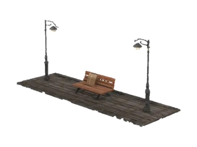 Create a detailed 3D model of an Indian railway platform during early sunrise.… - Benches 3D model, vytvořený pomocí AI